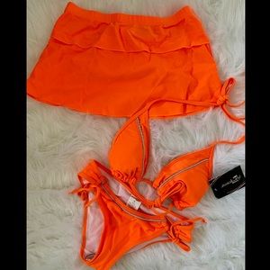 Neon Orange Triangle Bikini Swimsuit Sarong Skirt